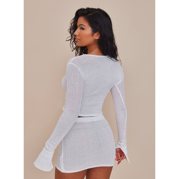 Prettylittlething White Sheer Soft Rib Longline Flared Sleeve Top Size 4 NWT - Picture 2 of 5